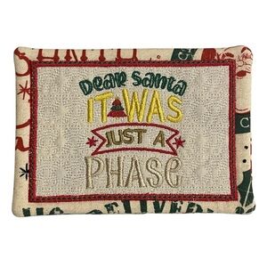 New Festive Holiday Handcrafted Mug Rug with Embroidered Design 6.5” x 4.5”.